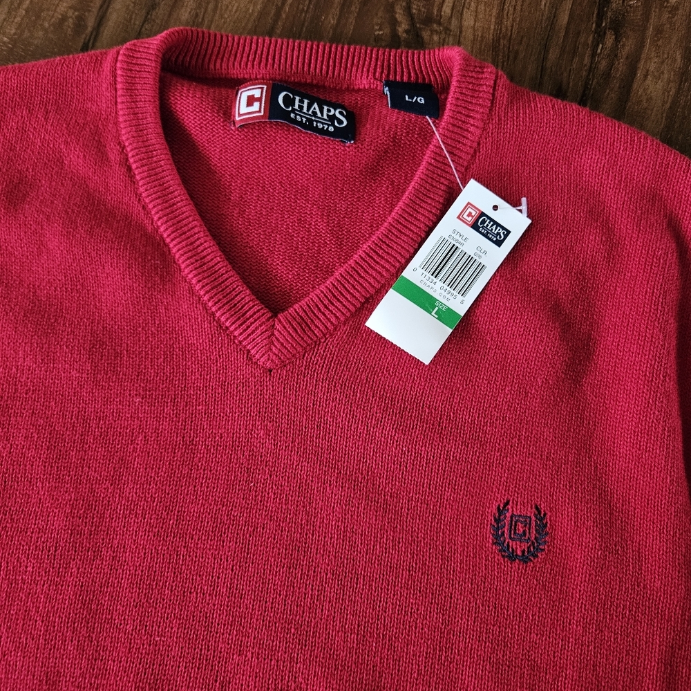 Chaps Mens Red Christmas Sweater Golf Pullover Knit Cotton V-Neck NWT Large